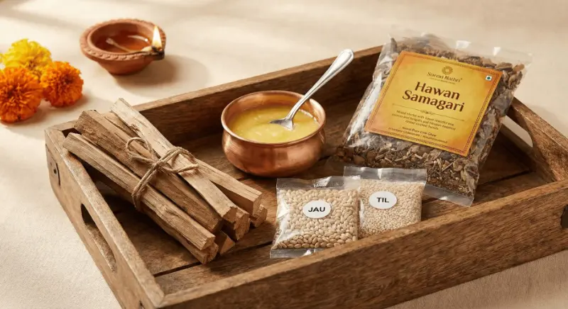 Hawan samagri kit with mango wood and puja items